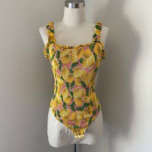 Farm Rio Fresh Lemons Frilled One Piece Swimsuit Square Neck Ruffle Straps Visco